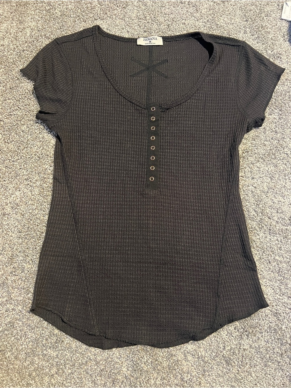 Zenana Outfitters Dark Gray Short Sleeve Ribbed Henley Tee